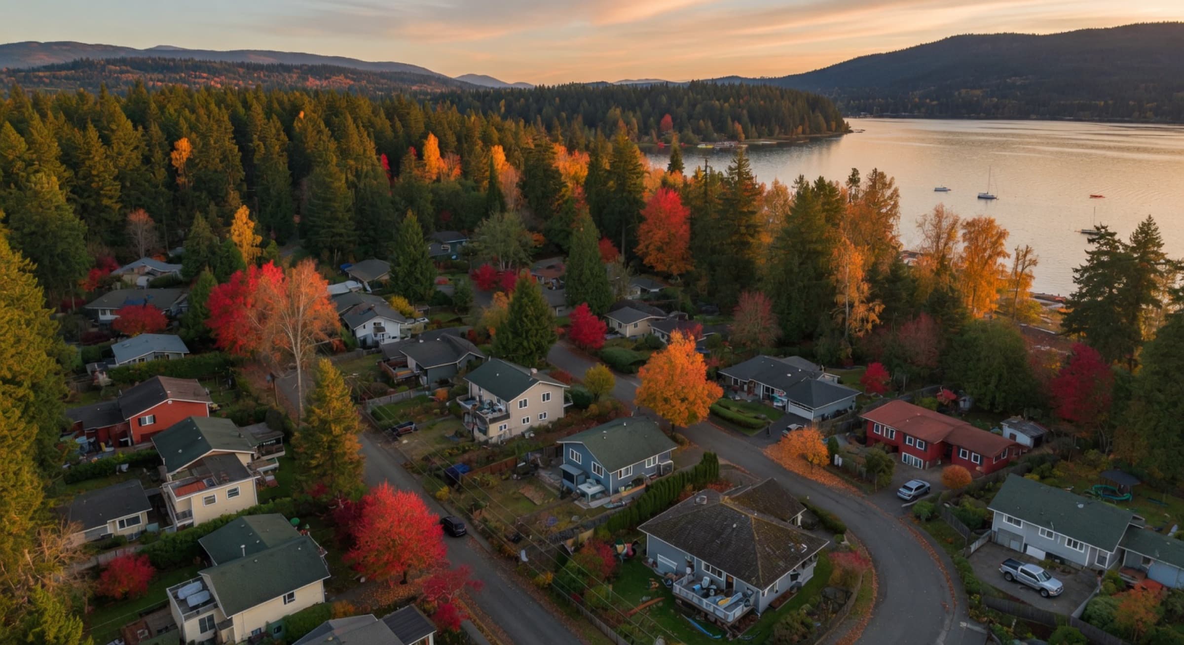 Aerial view of a forested Lake Whatcom neighborhood in autumn with red and gold foliage between rooftops