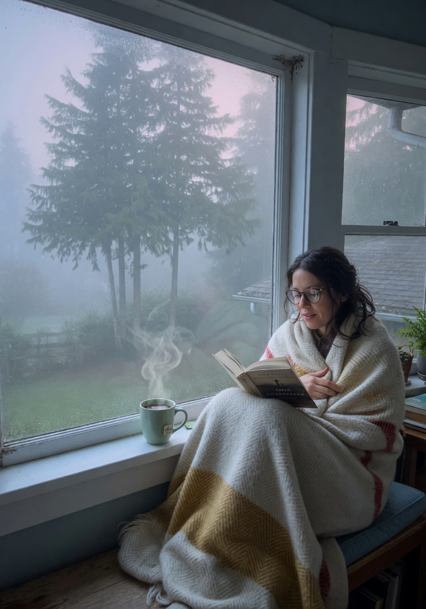 A woman reading a book curled up in a window seat with a wool blanket, misty Bellingham morning outside