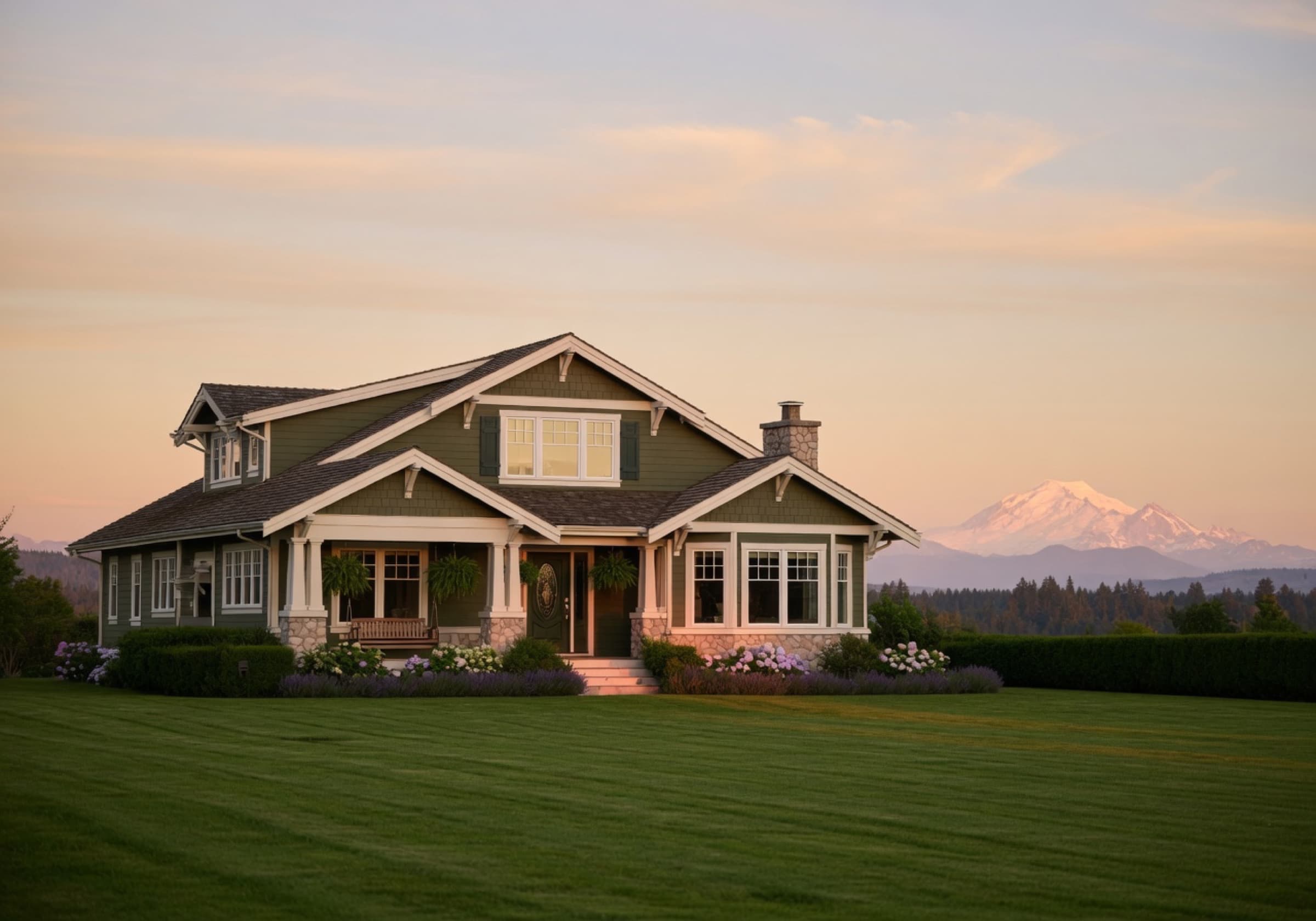 A Pacific Northwest craftsman estate at golden hour with Mt. Baker beyond
