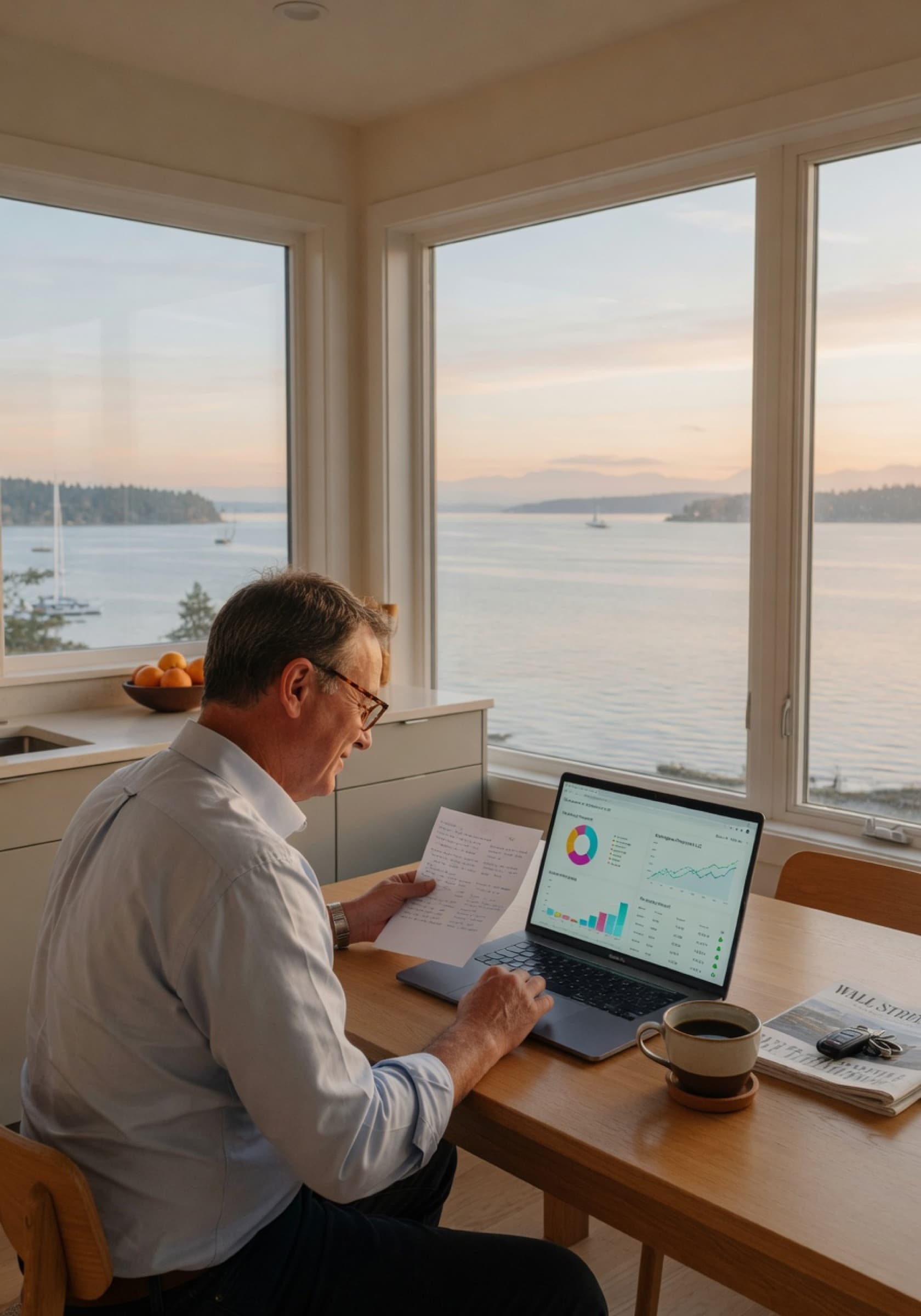 A property owner reviewing portfolio reports on a laptop with Bellingham Bay in the windows