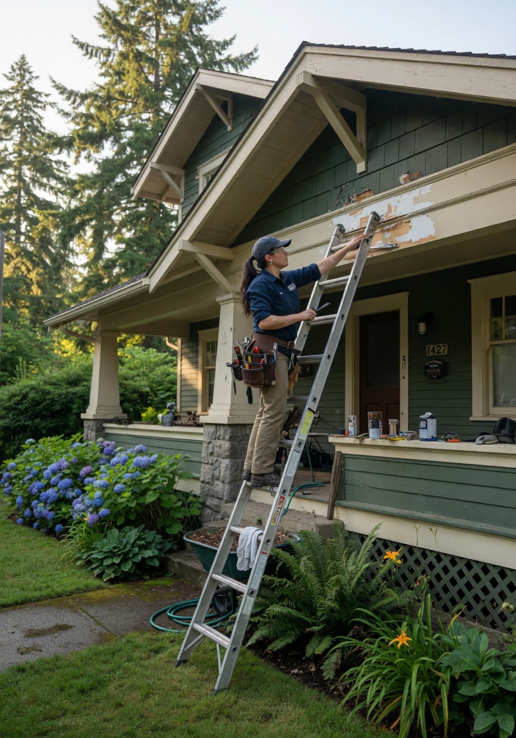 A maintenance professional servicing a Bellingham property in soft morning light